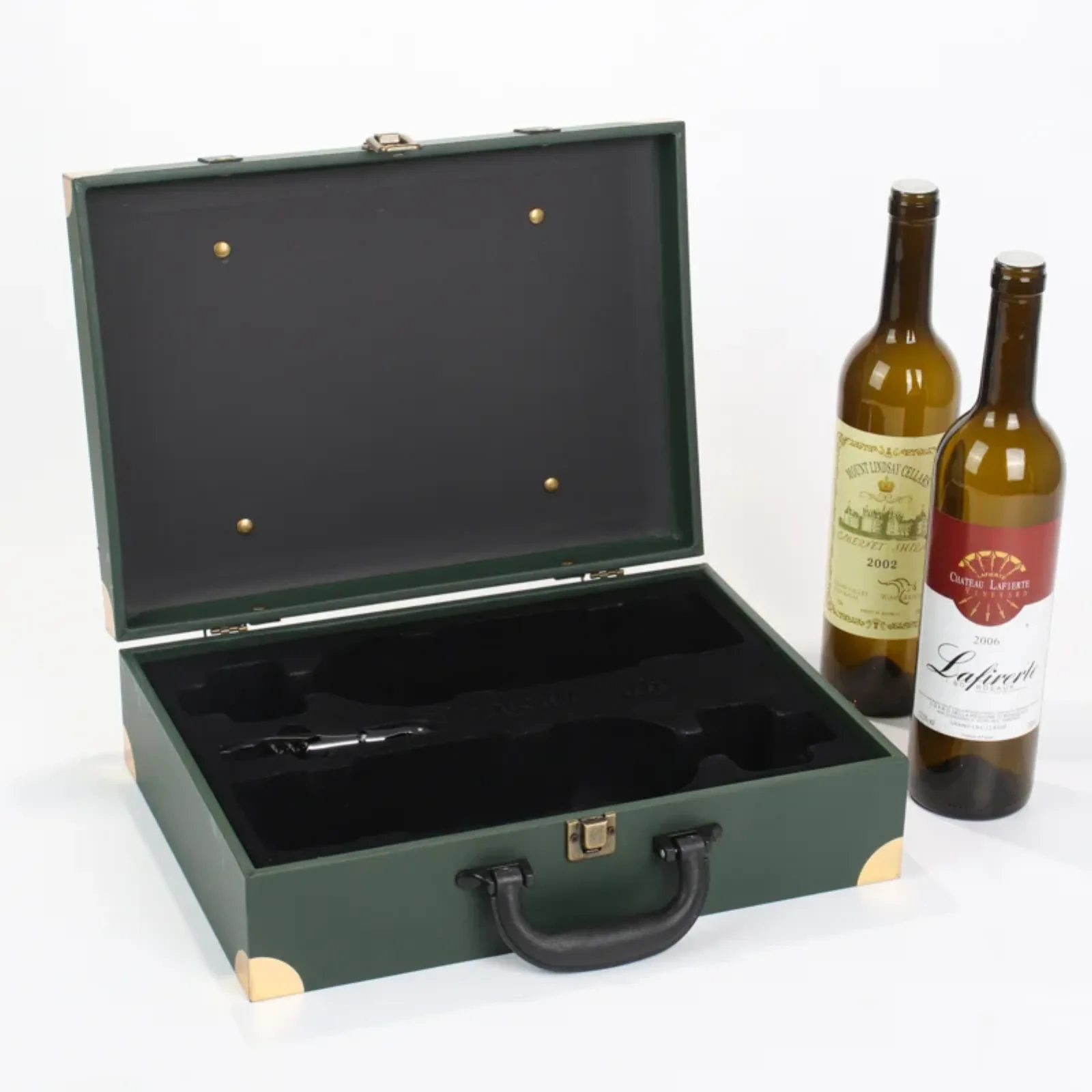 Vintage Leather Handled Double Bottle Flip-Top Wine Gift Box