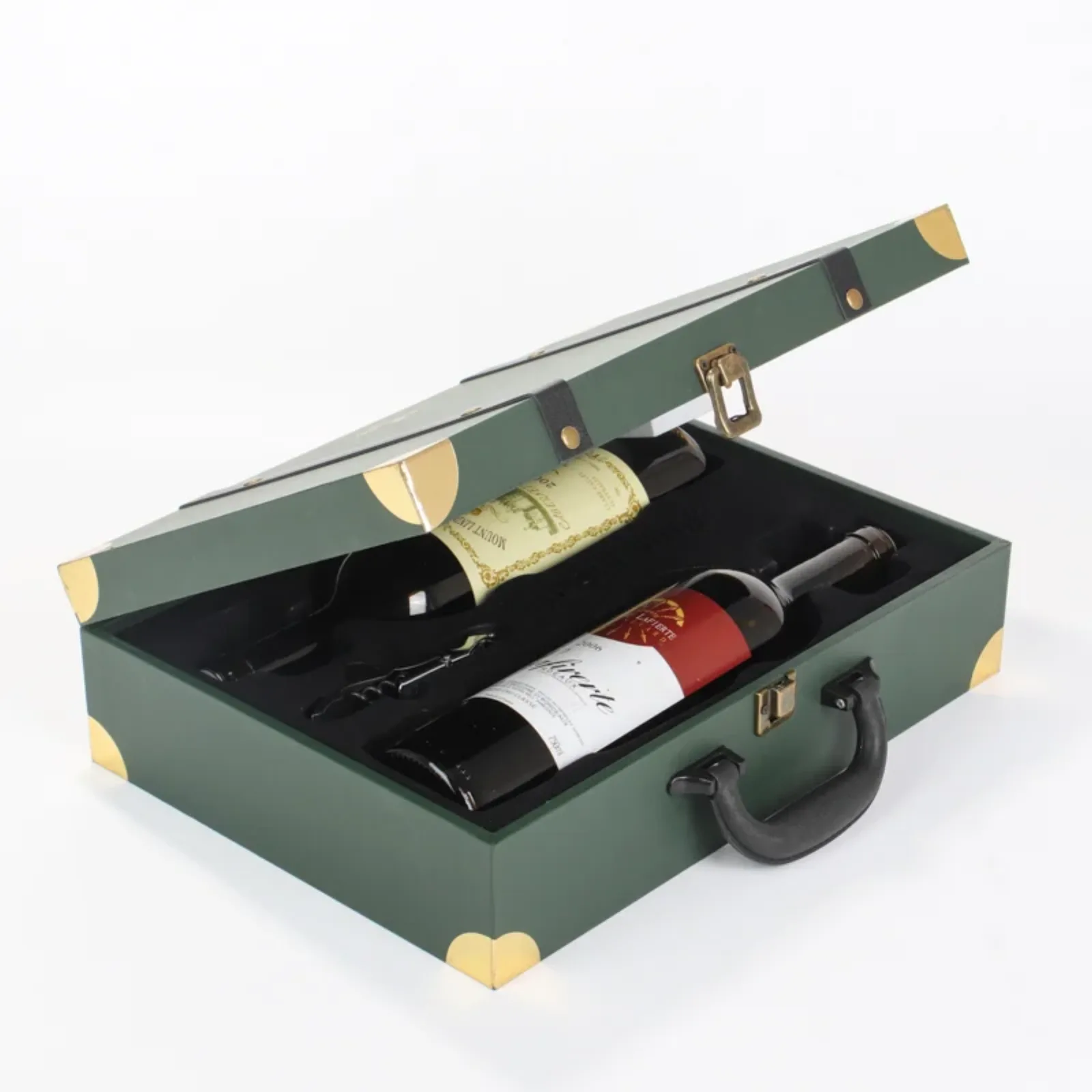 Vintage Leather Handled Double Bottle Flip-Top Wine Gift Box 2