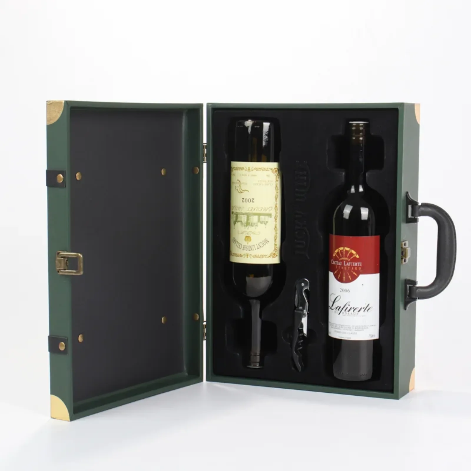 Vintage Leather Handled Double Bottle Flip-Top Wine Gift Box 5