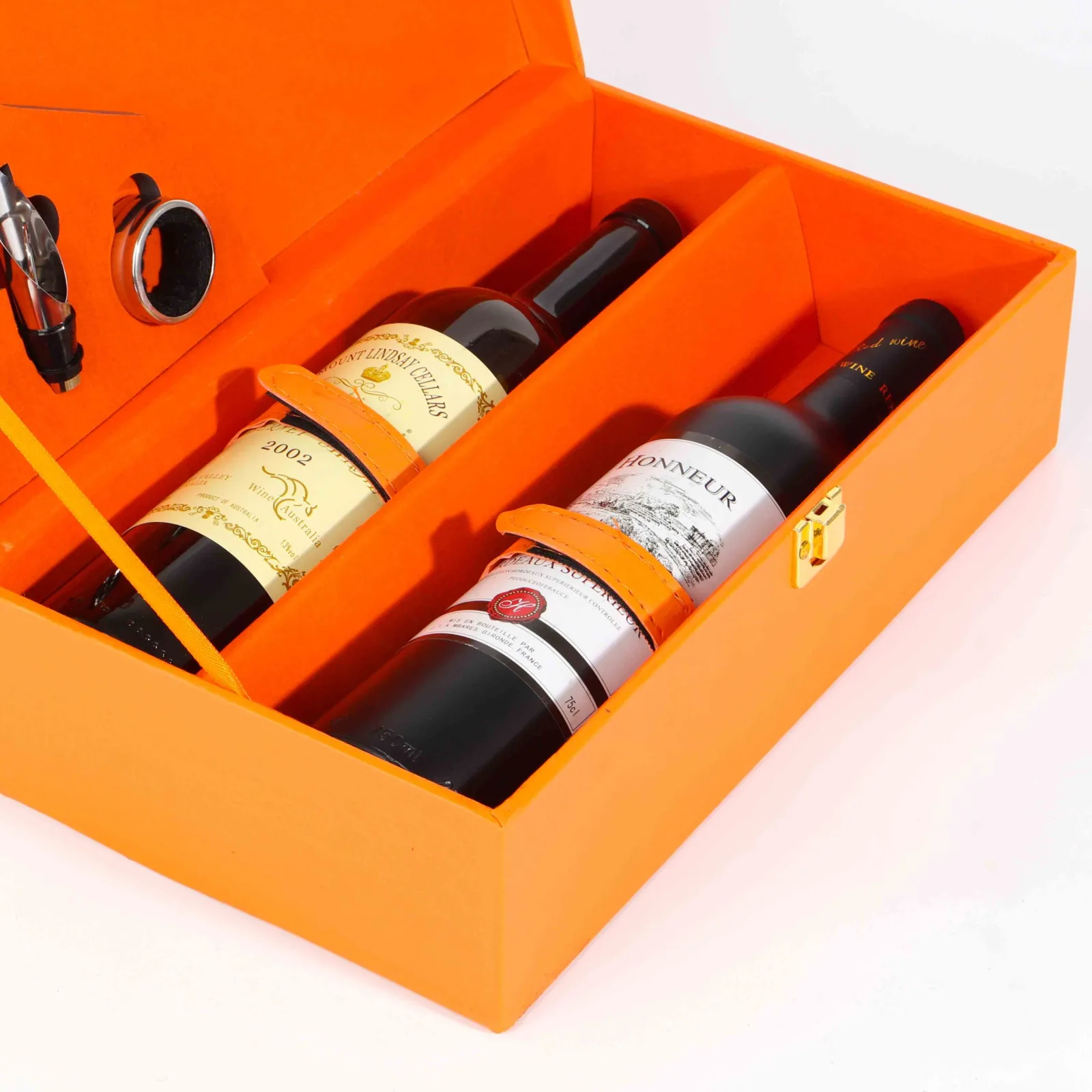Orange Leather Double Wine Gift Box with Tools 3